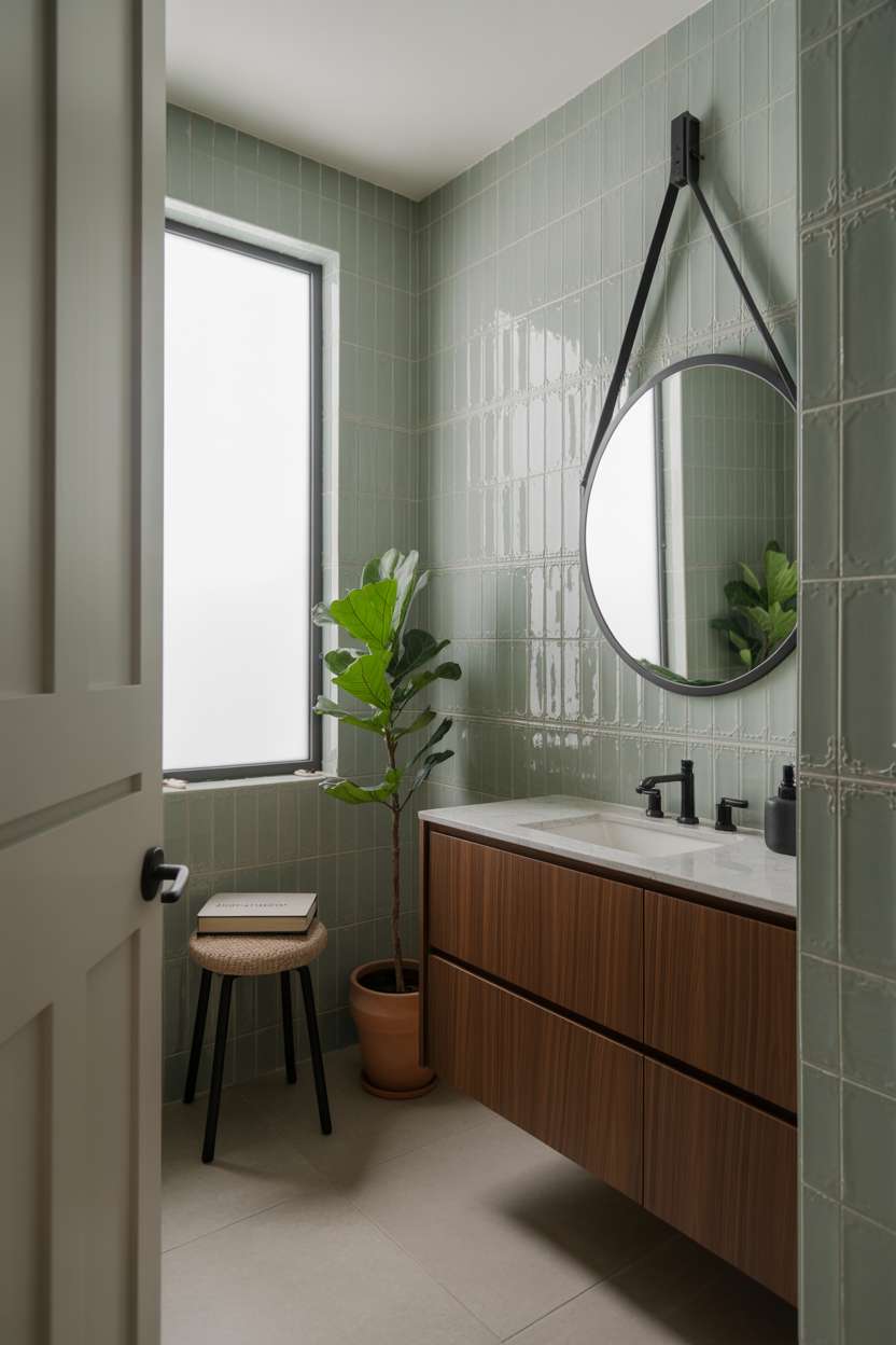 38 Inspiring Half Bathroom Ideas to Upgrade Small Spaces 49 Modern half bathroom with pale teal geometric tiles, dark walnut vanity, and fiddle-leaf fig