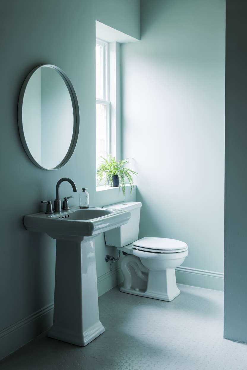 38 Inspiring Half Bathroom Ideas to Upgrade Small Spaces 50 Cozy half bathroom with pale blue walls, hexagonal tile flooring, and pedestal sink