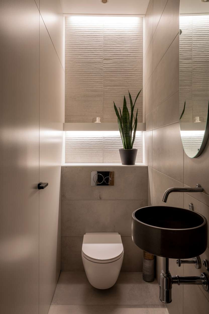 38 Inspiring Half Bathroom Ideas to Upgrade Small Spaces 51 Modern half bathroom with floating white toilet, matte black round sink, and textured grey walls