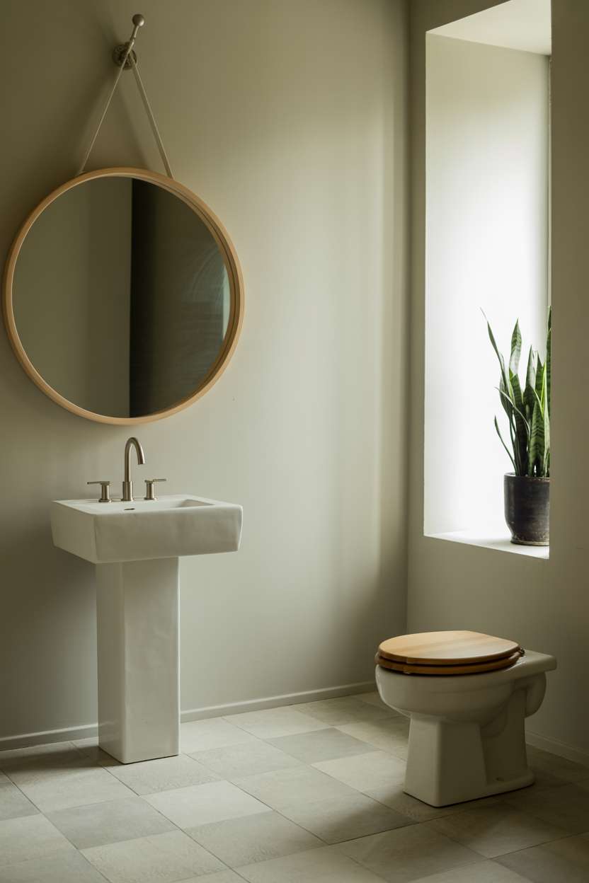38 Inspiring Half Bathroom Ideas to Upgrade Small Spaces 52 Minimalist half bathroom with white pedestal sink, round toilet with wooden seat, and light wood mirror frame