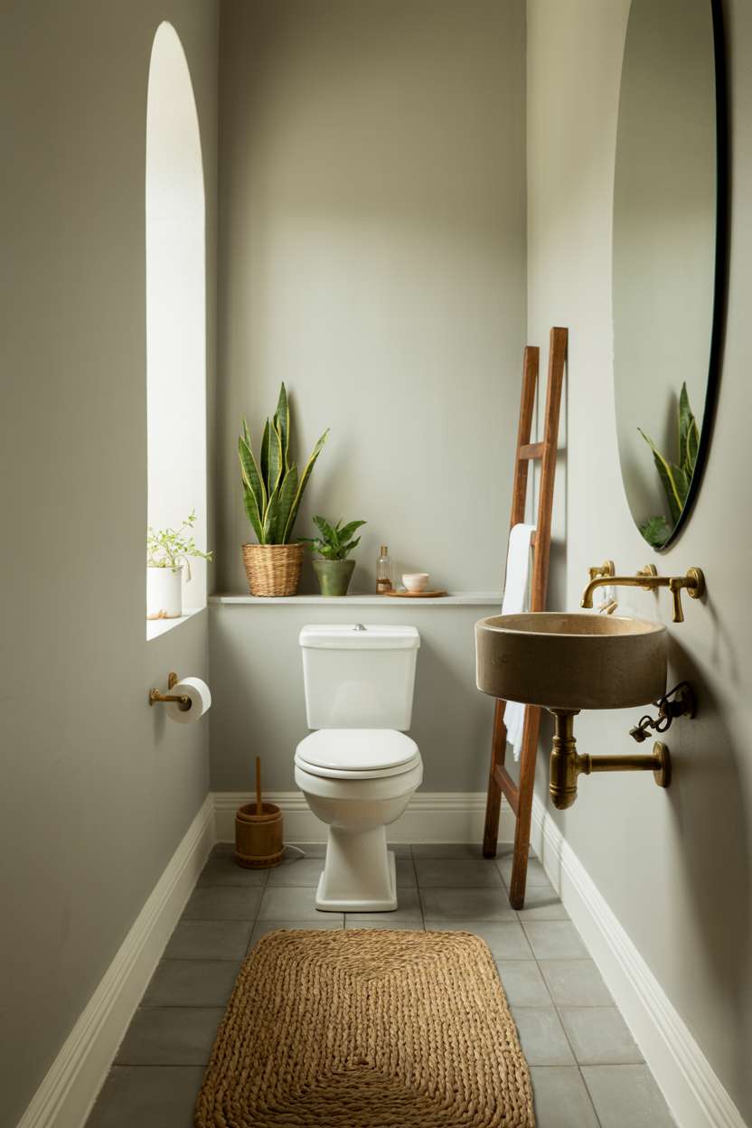 38 Inspiring Half Bathroom Ideas to Upgrade Small Spaces 53 Modern half bathroom with white toilet, brass fixtures, and centered seagrass rug