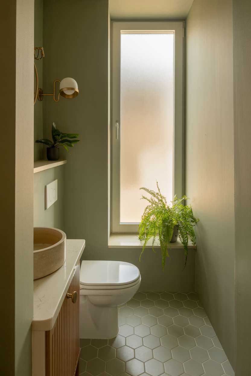 38 Inspiring Half Bathroom Ideas to Upgrade Small Spaces 54 Half bathroom with sage green walls, hexagonal tile floor, and circular ceramic sink