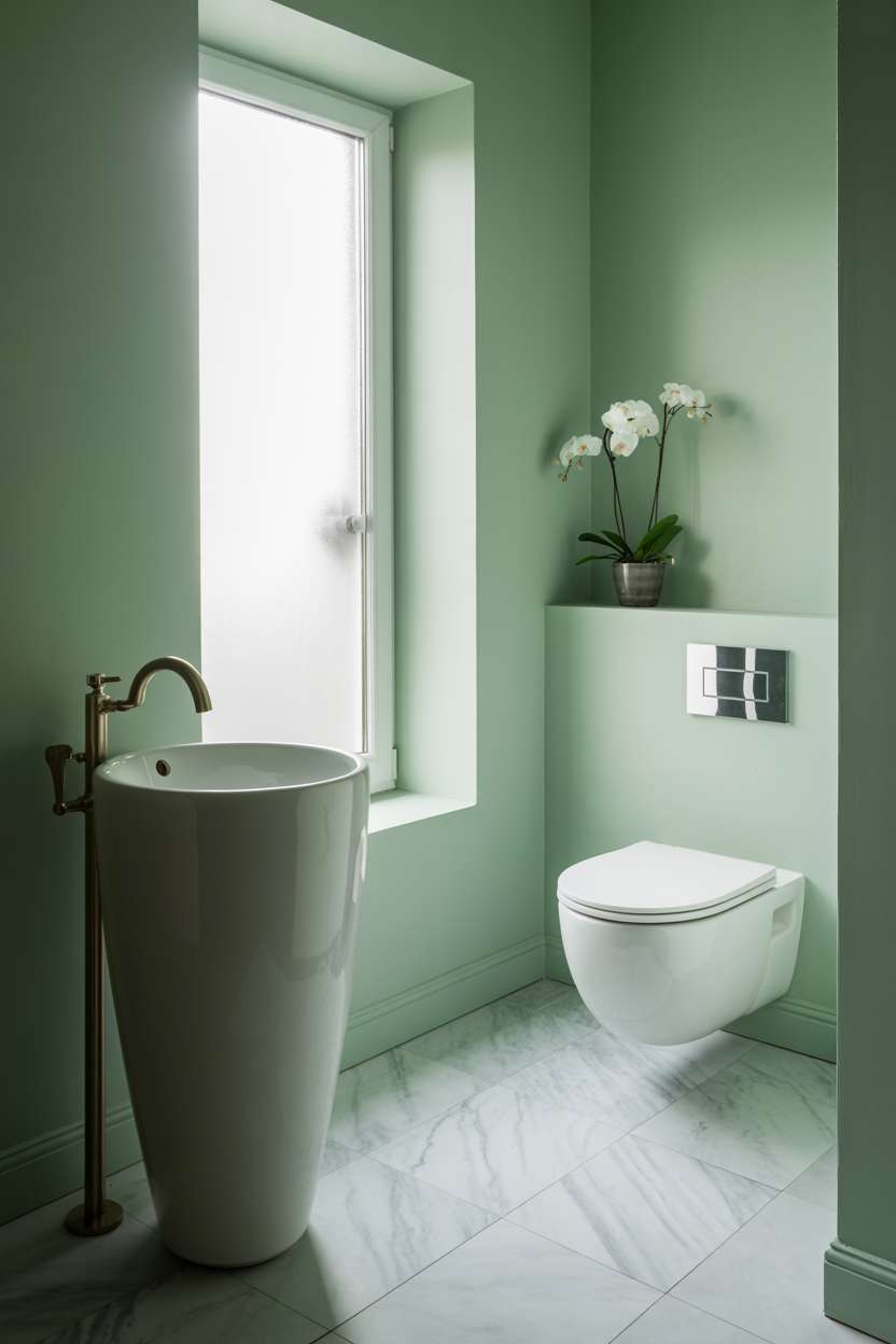 38 Inspiring Half Bathroom Ideas to Upgrade Small Spaces 55 Elegant half bathroom with seafoam green walls, marble tile flooring, and wall-mounted toilet
