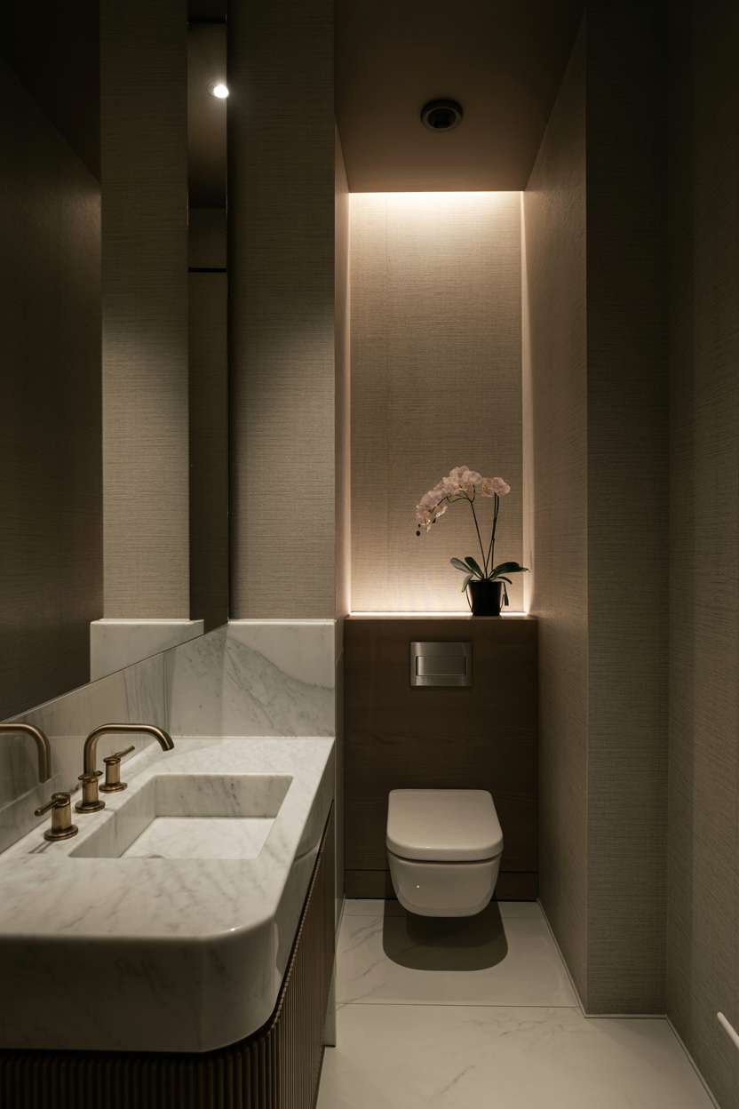 38 Inspiring Half Bathroom Ideas to Upgrade Small Spaces 56 Opulent half bathroom with marble countertop, textured grey wallpaper, and concealed wall toilet