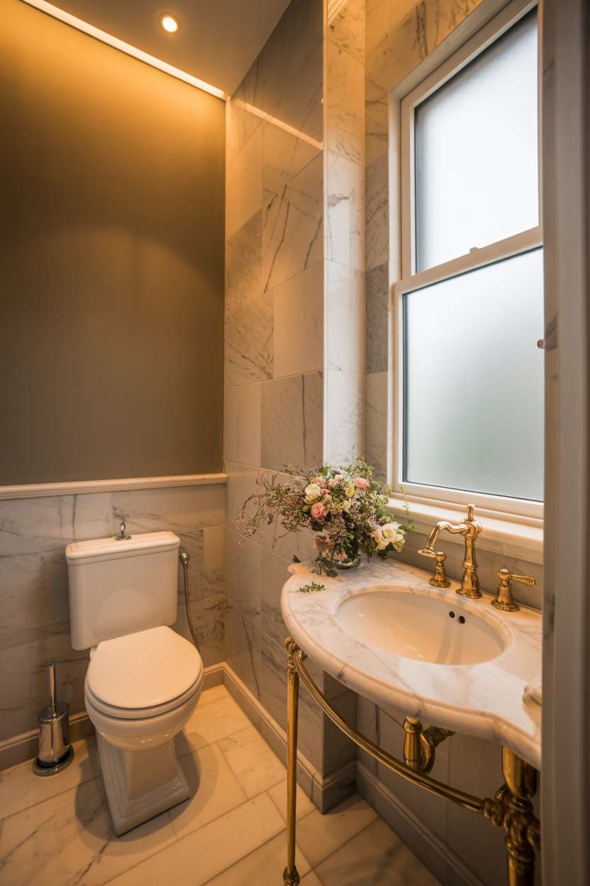 38 Inspiring Half Bathroom Ideas to Upgrade Small Spaces 57 Luxurious half bathroom with marble tiles, white toilet, and polished brass faucet