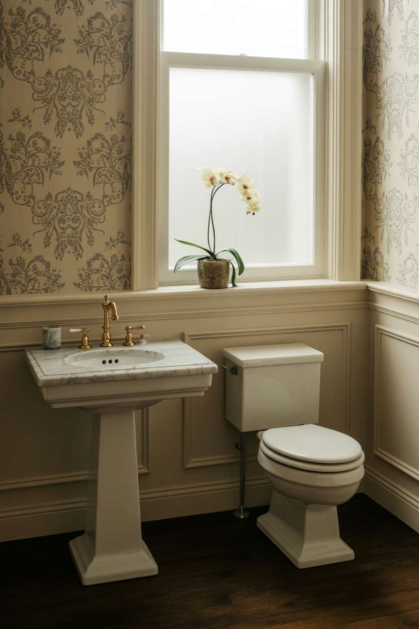38 Inspiring Half Bathroom Ideas to Upgrade Small Spaces 58 Elegant half bathroom with floral wallpaper, dark hardwood floor, and pedestal sink