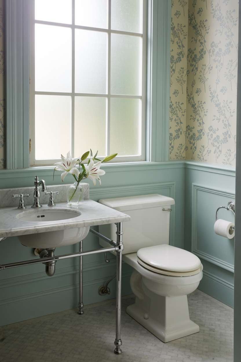 38 Inspiring Half Bathroom Ideas to Upgrade Small Spaces 59 Serene half bathroom with pale blue floral wallpaper, marble vanity, and white lilies