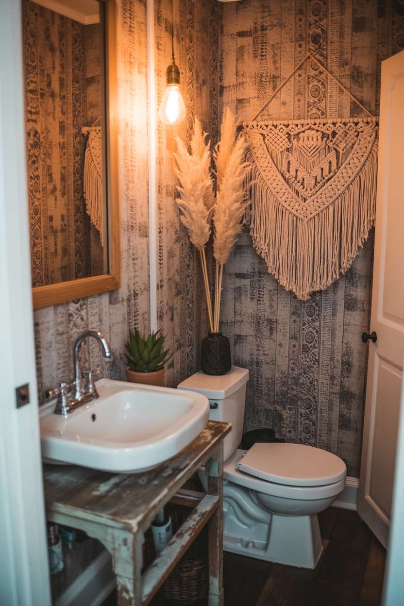 38 Inspiring Half Bathroom Ideas to Upgrade Small Spaces 60 Bohemian half bathroom with vintage clawfoot sink, patterned wallpaper, and macrame wall hanging
