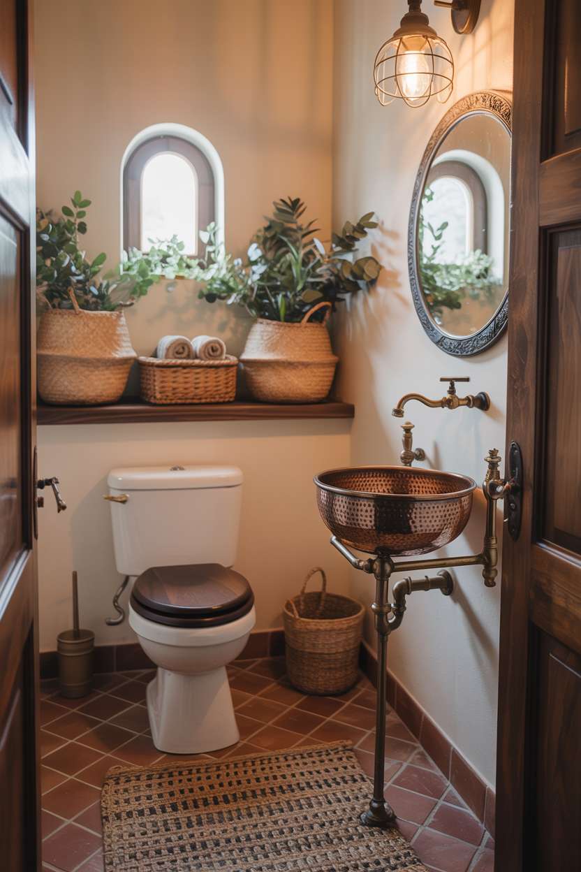 38 Inspiring Half Bathroom Ideas to Upgrade Small Spaces 61 Bohemian half bathroom with hammered copper sink basin, ornate brass faucet, and jute rug
