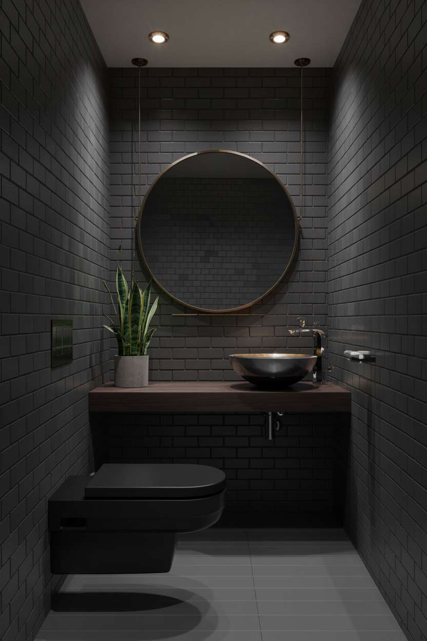 38 Inspiring Half Bathroom Ideas to Upgrade Small Spaces 62 Modern black half bathroom with floating toilet, walnut countertop, and brass-framed mirror