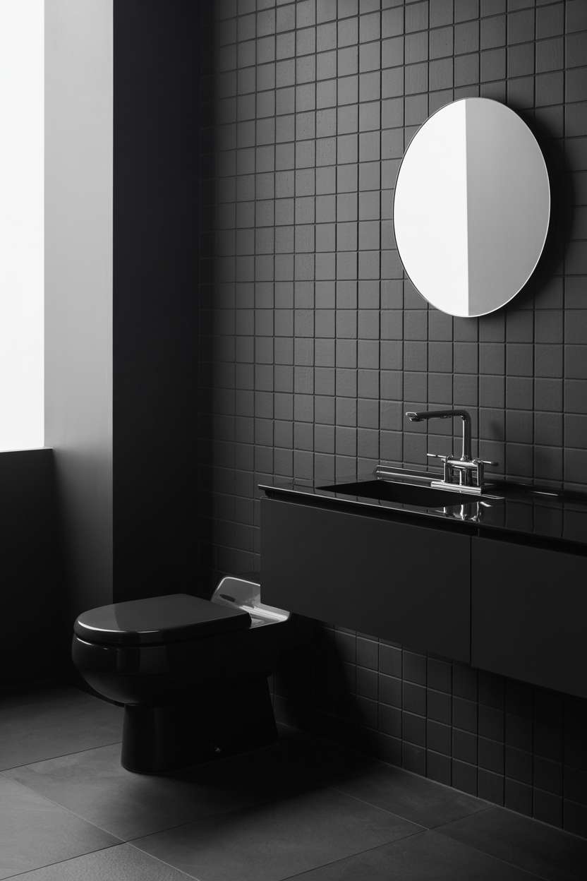38 Inspiring Half Bathroom Ideas to Upgrade Small Spaces 63 Minimalist black half bathroom with floating vanity, polished black countertop, and grey tiles