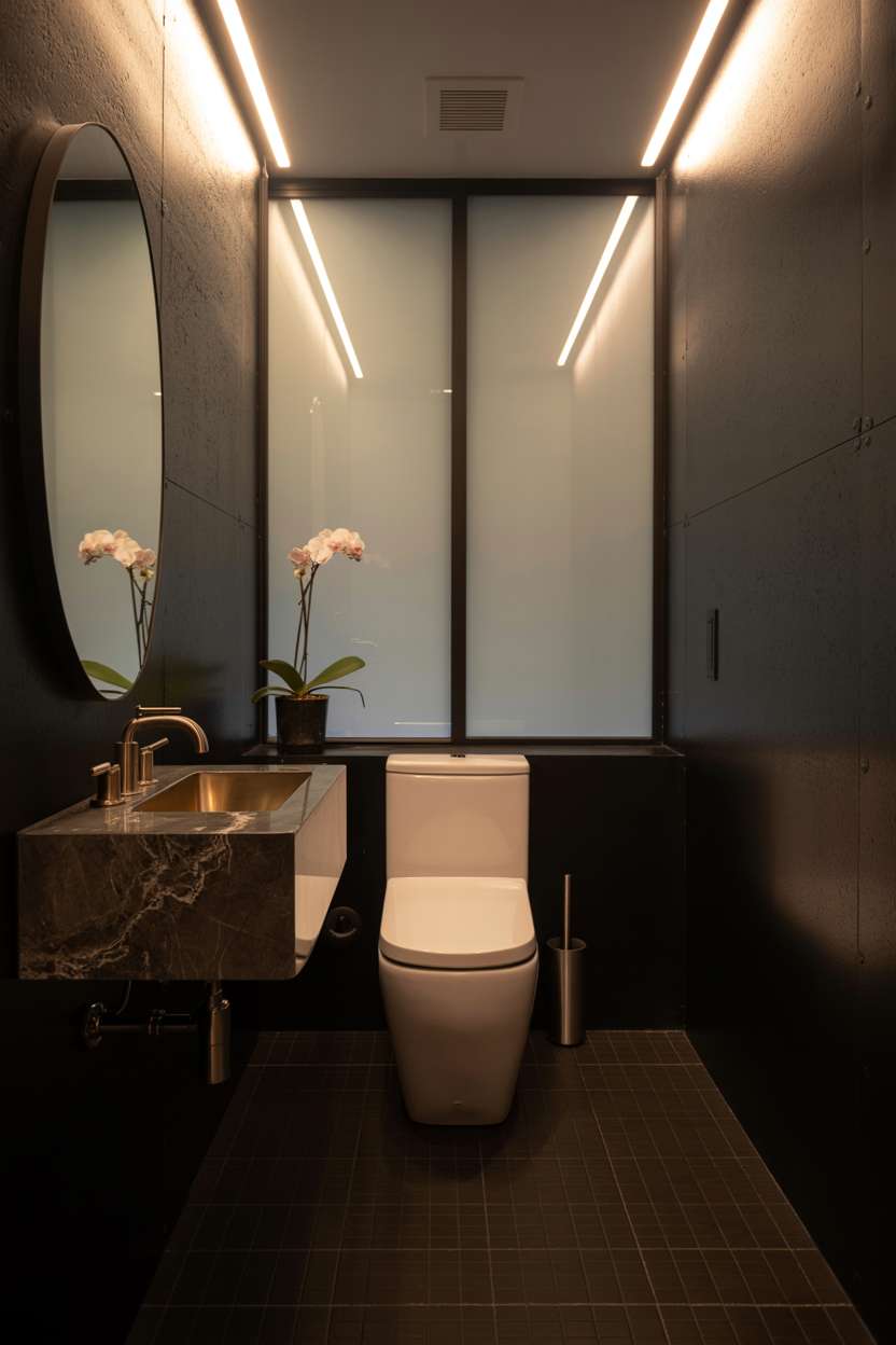 38 Inspiring Half Bathroom Ideas to Upgrade Small Spaces 64 Sophisticated black half bathroom with concealed cistern toilet, marble countertop, and textured walls