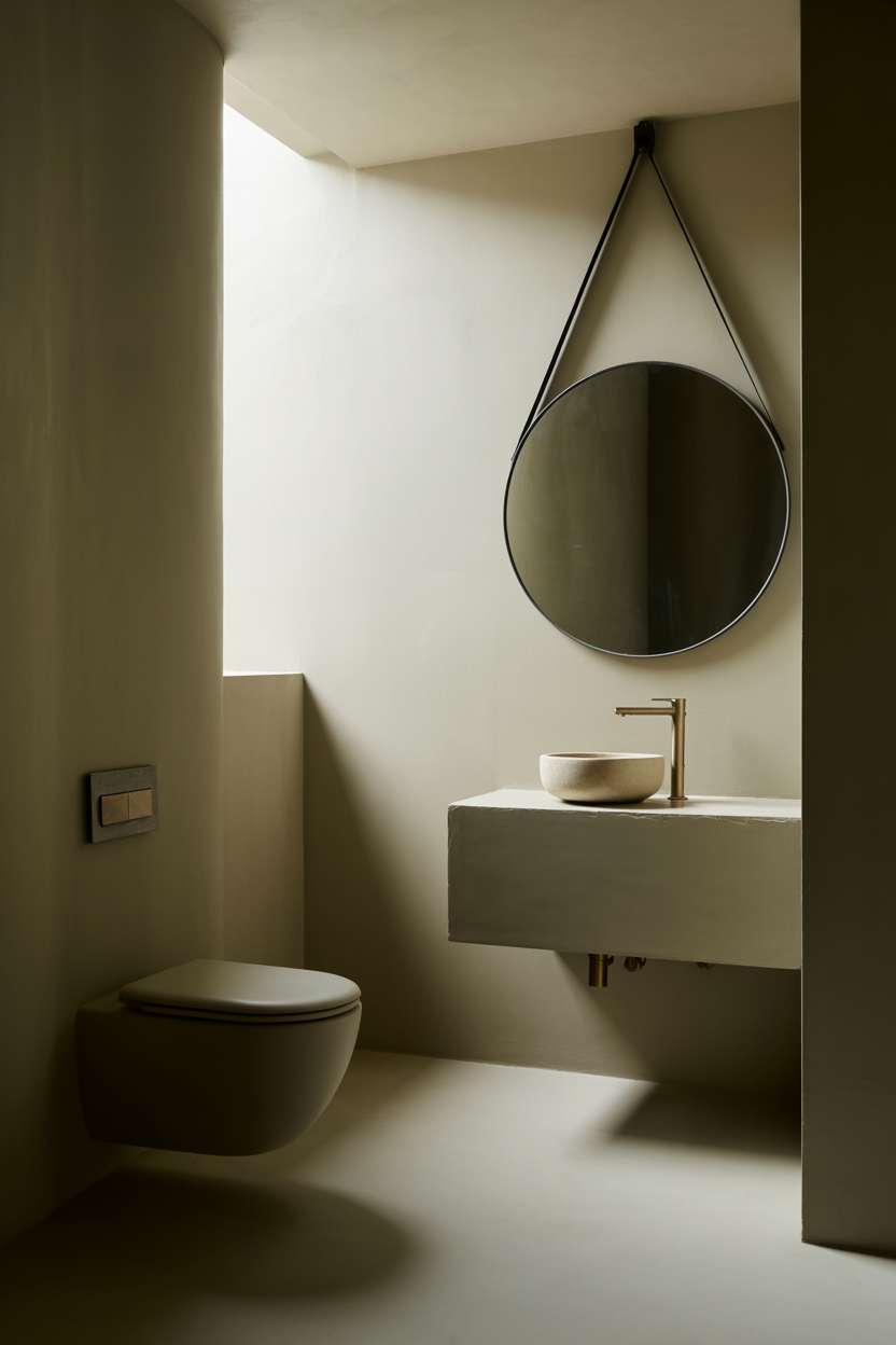 38 Inspiring Half Bathroom Ideas to Upgrade Small Spaces 65 Modern half bathroom with wall-mounted toilet, vessel sink, and black-framed round mirror