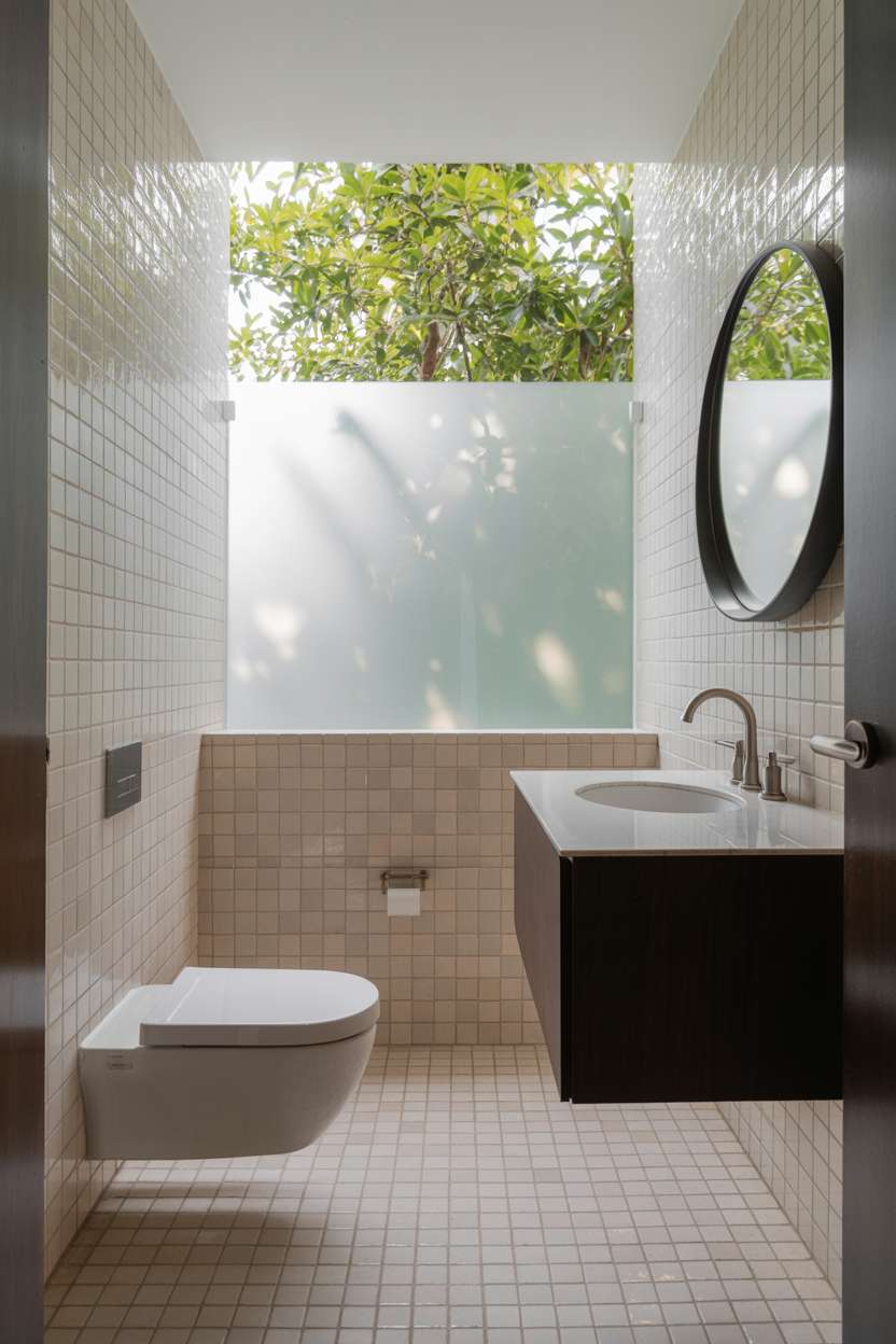 38 Inspiring Half Bathroom Ideas to Upgrade Small Spaces 66 Modern half bathroom with white ceramic tiles, dark wood floating vanity, and geometric floor patterns