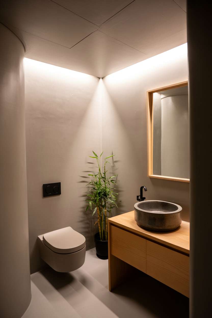 38 Inspiring Half Bathroom Ideas to Upgrade Small Spaces 67 Japandi-inspired half bathroom with wall-mounted toilet, matte black sink, and concrete countertop