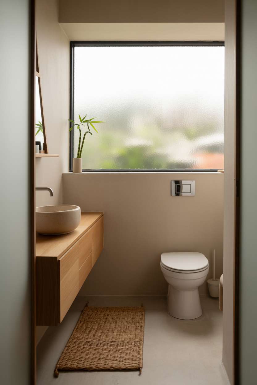 38 Inspiring Half Bathroom Ideas to Upgrade Small Spaces 69 Japandi half bathroom with white ceramic toilet, light wood vanity, and bamboo plant