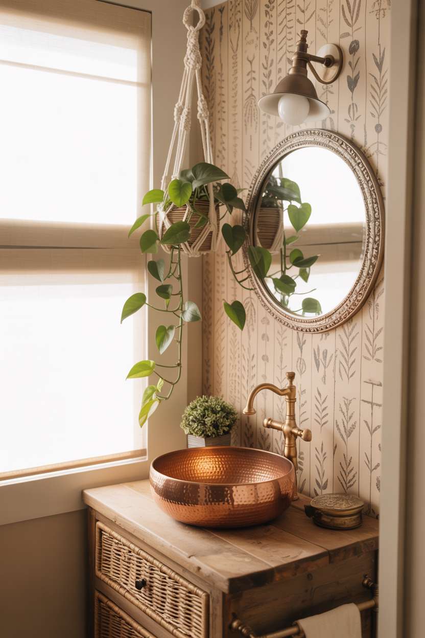 38 Inspiring Half Bathroom Ideas to Upgrade Small Spaces 71 Boho half bathroom with hammered copper sink, reclaimed wood vanity, and macrame plant hanger