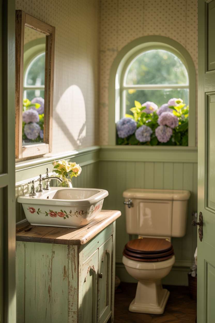 38 Inspiring Half Bathroom Ideas to Upgrade Small Spaces 72 Cottage-style half bathroom with floral porcelain sink, weathered wood vanity, and garden window view