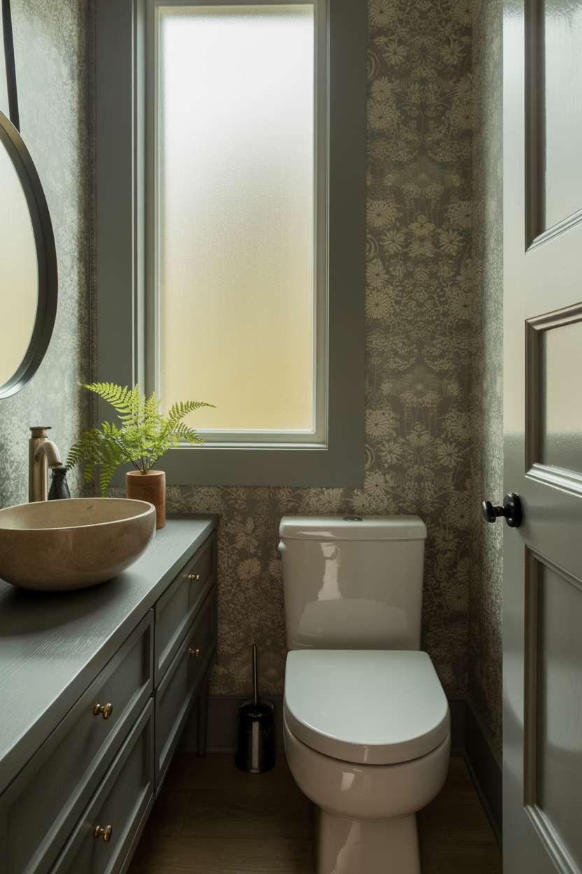 38 Inspiring Half Bathroom Ideas to Upgrade Small Spaces 73 Minimalist half bathroom with vessel sink, dark gray vanity, and subtle floral wallpaper