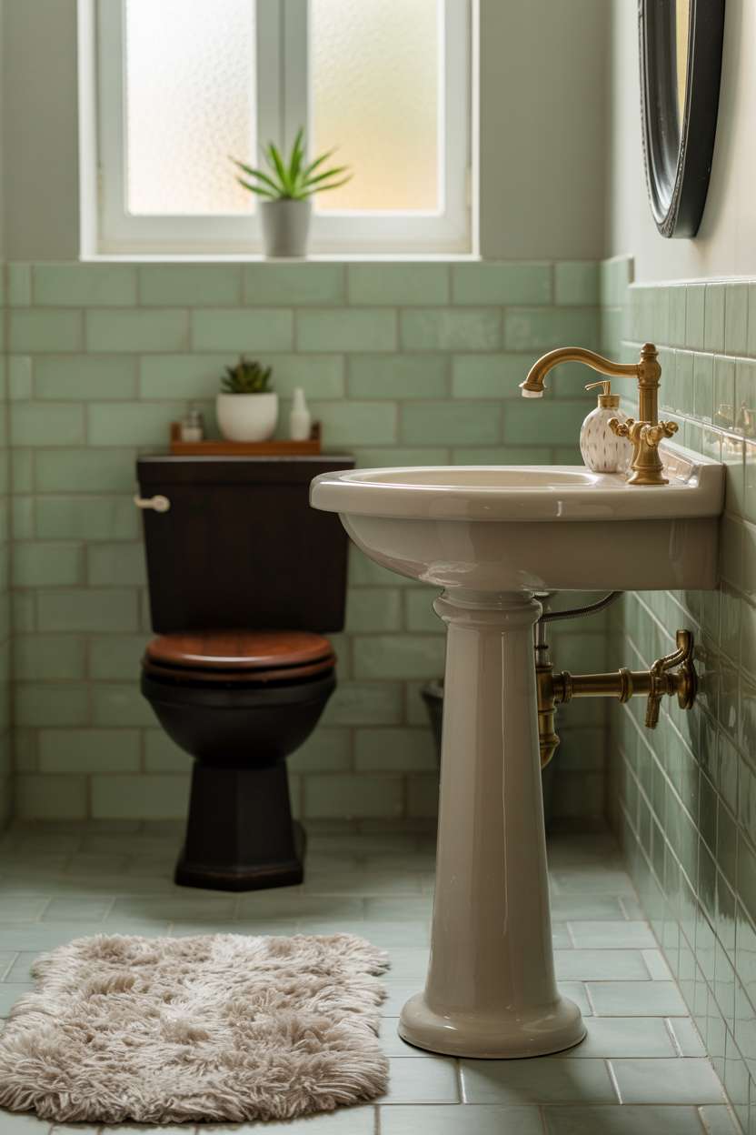 38 Inspiring Half Bathroom Ideas to Upgrade Small Spaces 74 Minimalist half bathroom with pedestal sink, pale green subway tiles, and grey bath mat
