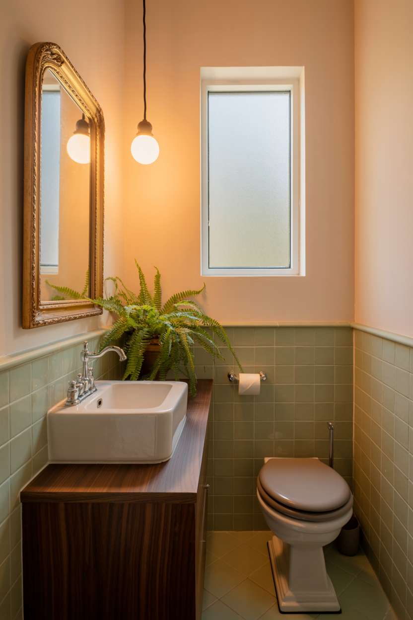 38 Inspiring Half Bathroom Ideas to Upgrade Small Spaces 75 Cozy half bathroom with dark walnut vanity, pale green tiles, and vintage gold-framed mirror