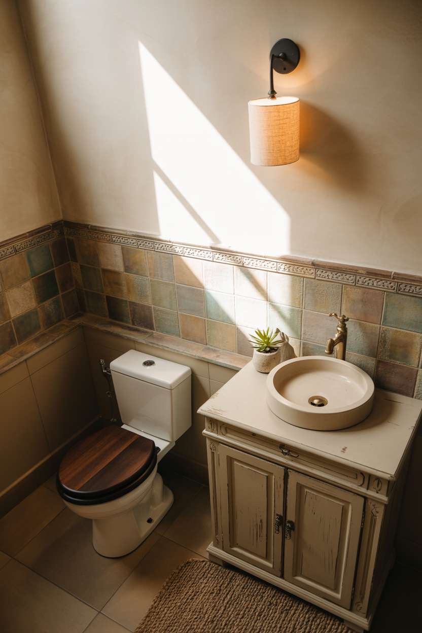 38 Inspiring Half Bathroom Ideas to Upgrade Small Spaces 76 Stylish half bathroom with distressed wooden vanity, textured earthy tiles, and jute rug