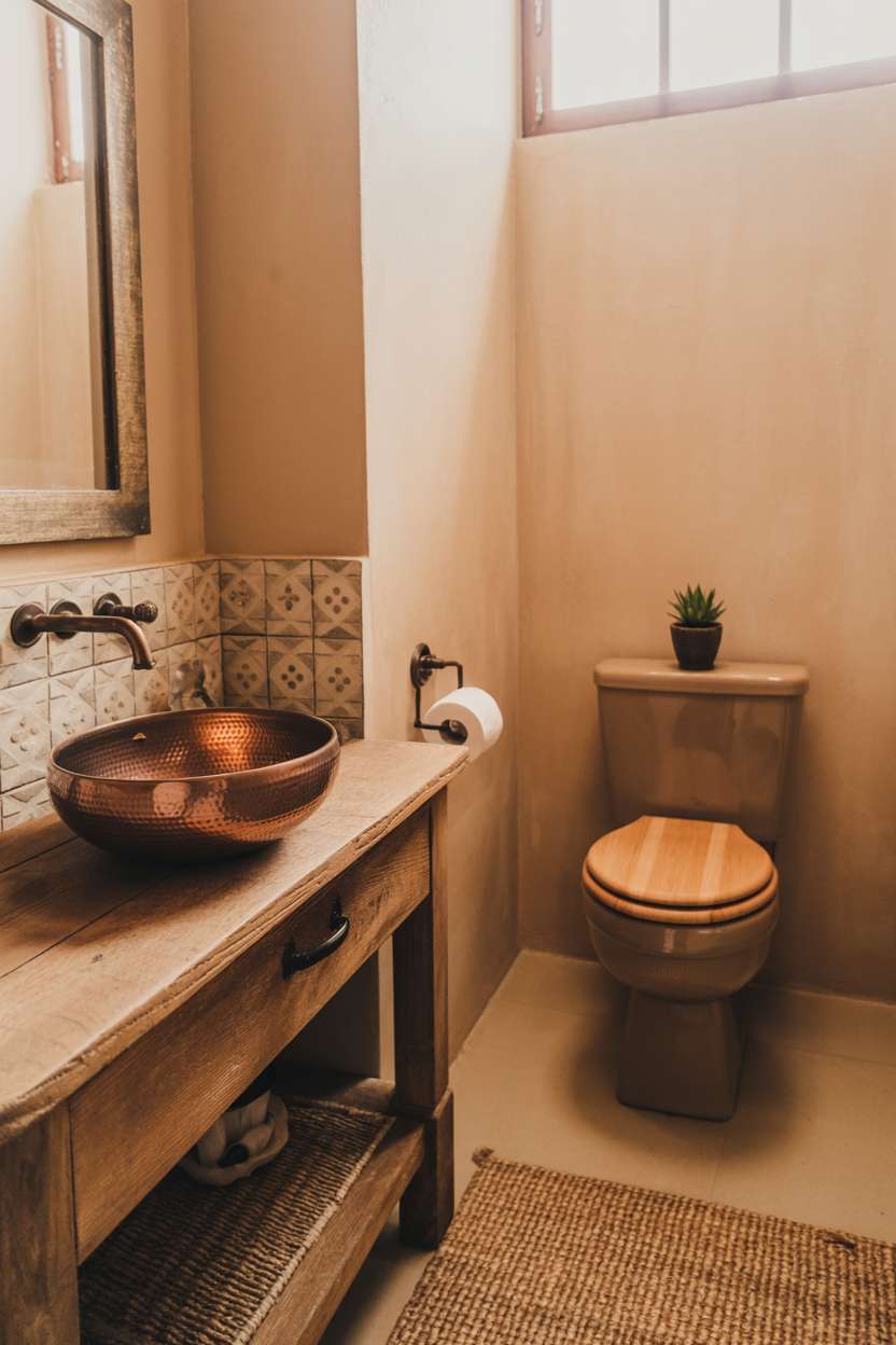 38 Inspiring Half Bathroom Ideas to Upgrade Small Spaces 77 Rustic half bathroom with wooden vanity, hammered copper sink, and ceramic tile backsplash