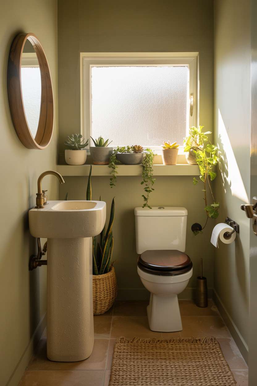 38 Inspiring Half Bathroom Ideas to Upgrade Small Spaces 78 Earthy half bathroom with pedestal sink, sage green walls, and natural wood mirror frame