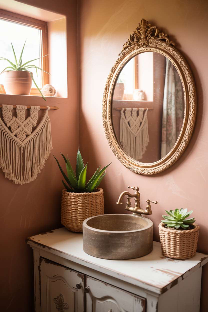 38 Inspiring Half Bathroom Ideas to Upgrade Small Spaces 79 Boho half bathroom with terracotta walls, reclaimed wood sink, and macrame wall hangings