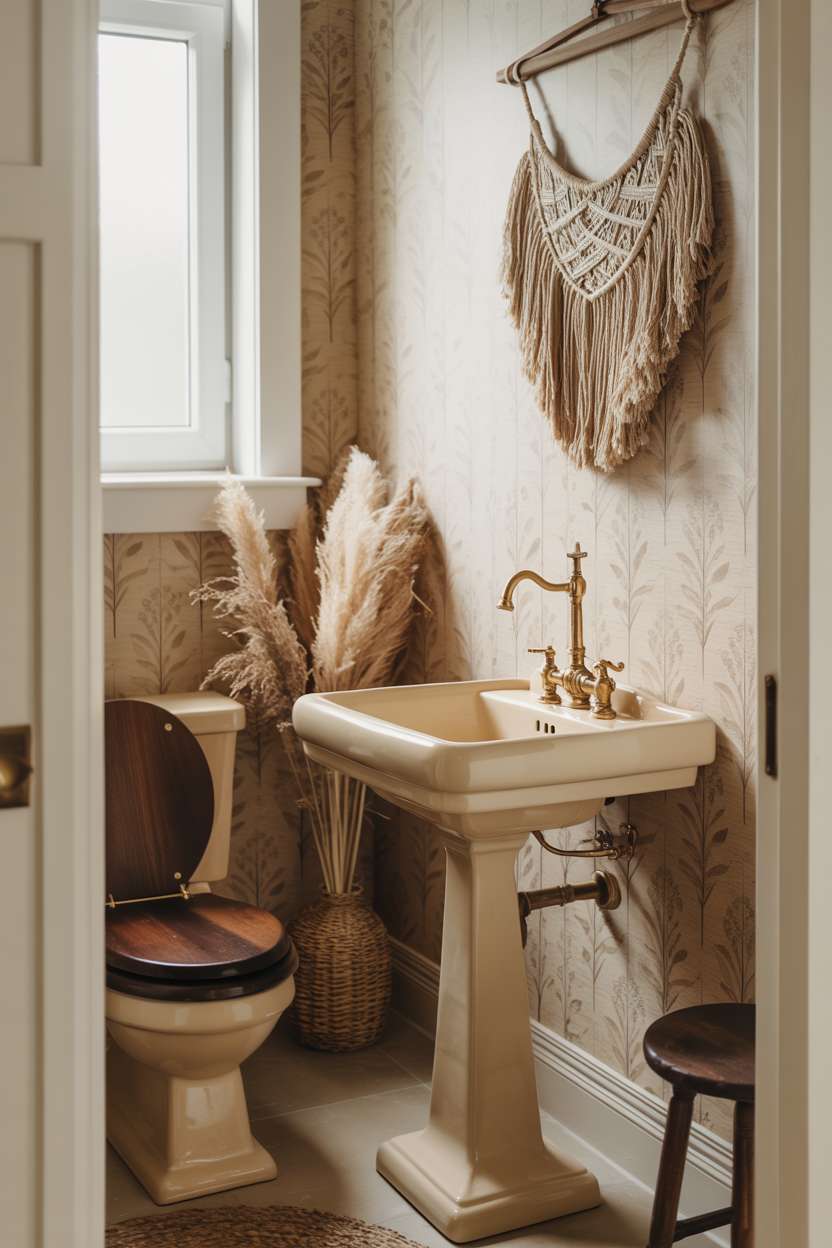 38 Inspiring Half Bathroom Ideas to Upgrade Small Spaces 80 Boho half bathroom with vintage pedestal sink, botanical wallpaper, and macrame with pampas grass