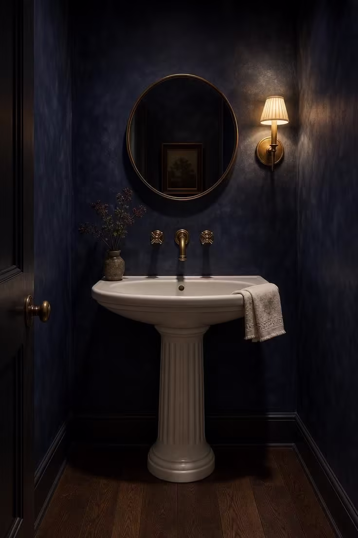 10 Half Bathroom Ideas With Pedestal Sink Worth Copying 1 Fluted white pedestal sink in a half bathroom with navy limewash walls and a brass sconce