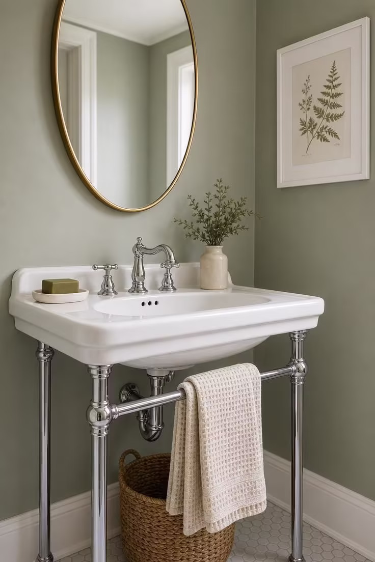 10 Half Bathroom Ideas With Pedestal Sink Worth Copying 3 Console-leg pedestal sink with towel bar in a sage green half bathroom with a woven basket underneath