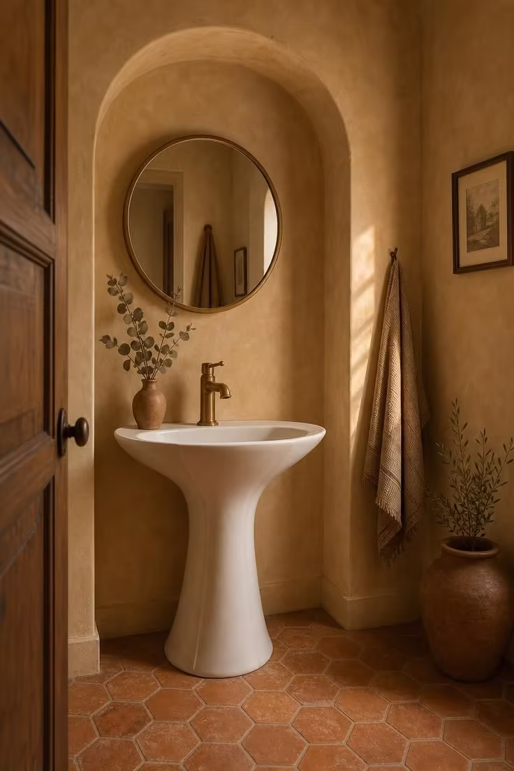 10 Half Bathroom Ideas With Pedestal Sink Worth Copying 4 Tulip pedestal sink under an arched plaster niche with terra cotta hexagon floor tiles