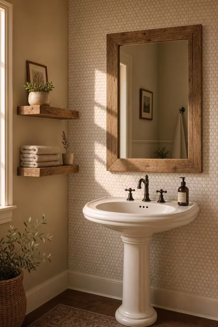 10 Half Bathroom Ideas With Pedestal Sink Worth Copying 6 Vintage column pedestal sink with vertical penny tile wall and reclaimed oak mirror and floating shelves