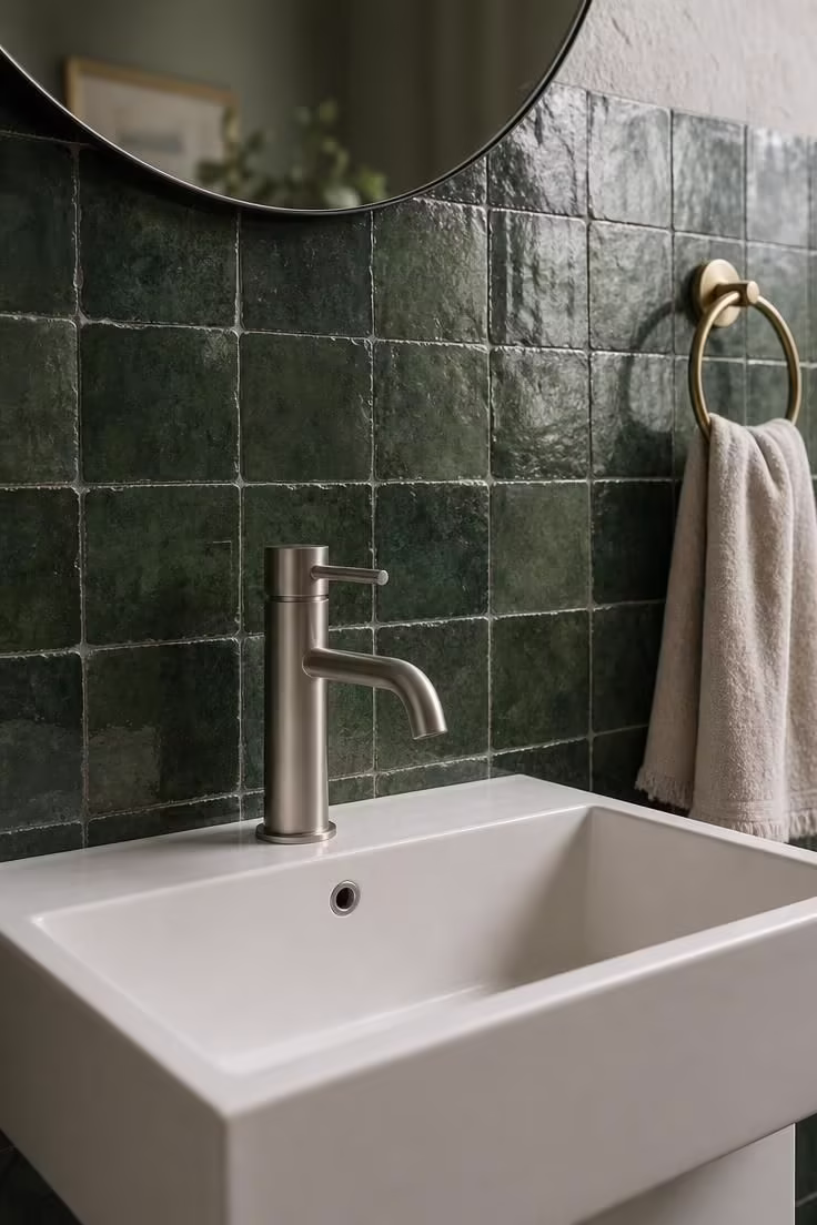 10 Half Bathroom Ideas With Pedestal Sink Worth Copying 7 Close-up of a zellige tile backsplash in forest green behind an angular matte white pedestal sink