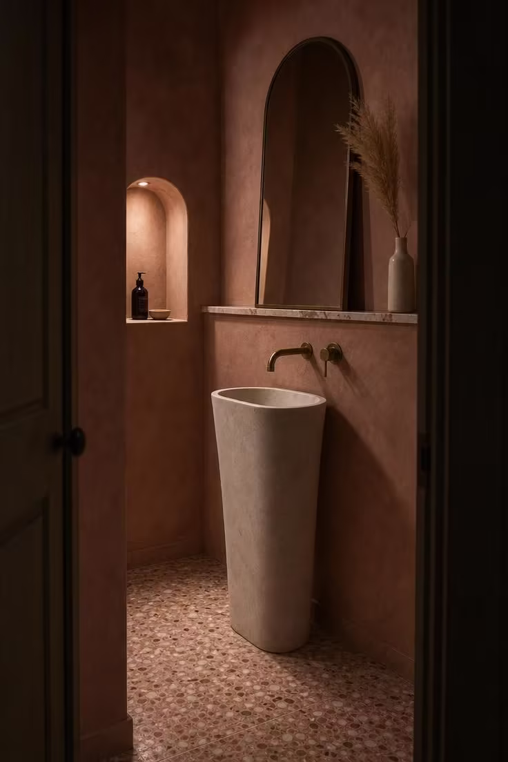 10 Half Bathroom Ideas With Pedestal Sink Worth Copying 9 Tall narrow pedestal sink against dusty rose plaster walls with terrazzo flooring in a moody half bathroom