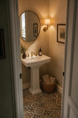 Warm and inviting half bathroom with a white pedestal sink, brass mirror, and patterned cement tile floor