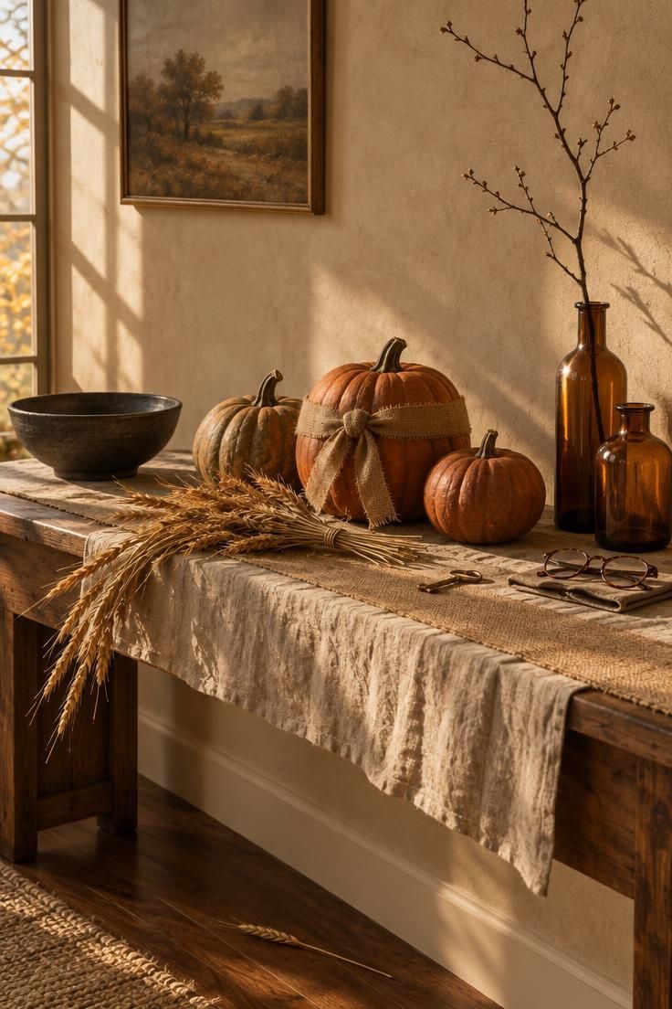 13 Cozy Halloween Aesthetic Ideas for a Warm Autumn Home 1 Console table with dried wheat, amber glass bottles, and pumpkins on a linen runner.