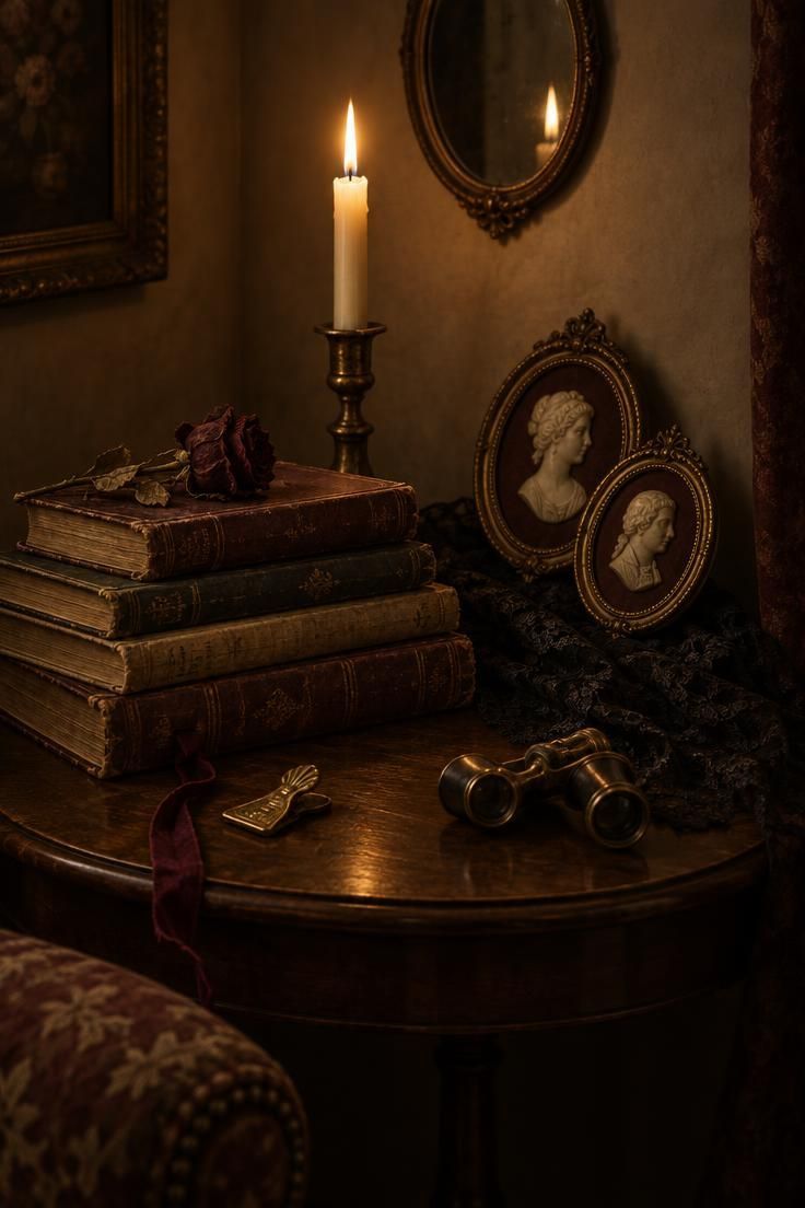 13 Cozy Halloween Aesthetic Ideas for a Warm Autumn Home 2 Corner side table with brass candlestick, cameo frames, and stacked antique books.