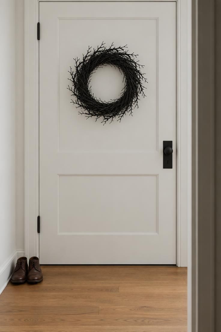 13 Cozy Halloween Aesthetic Ideas for a Warm Autumn Home 3 Matte black twig wreath centered on a cream door in a quiet hallway.