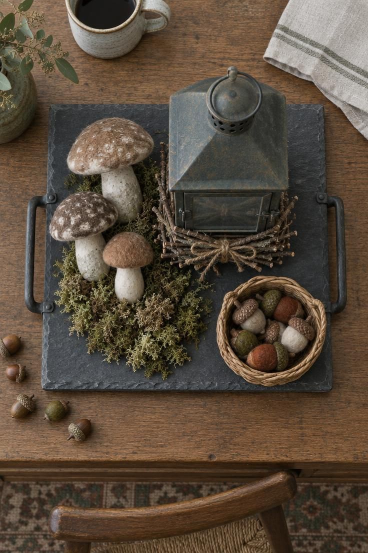 13 Cozy Halloween Aesthetic Ideas for a Warm Autumn Home 4 Overhead view of a slate tray with a twig-wrapped lantern, mushrooms, and moss.