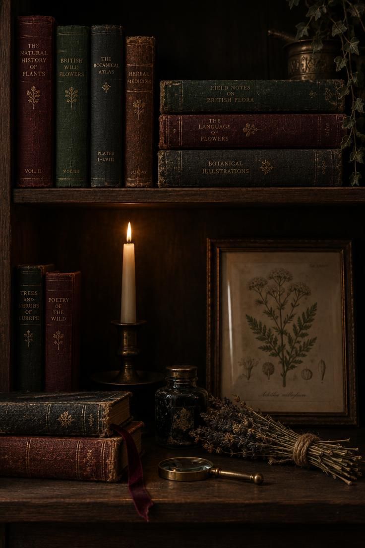 13 Cozy Halloween Aesthetic Ideas for a Warm Autumn Home 6 Bookcase shelf with antique books, ink bottle, taper, and framed botanical plate.