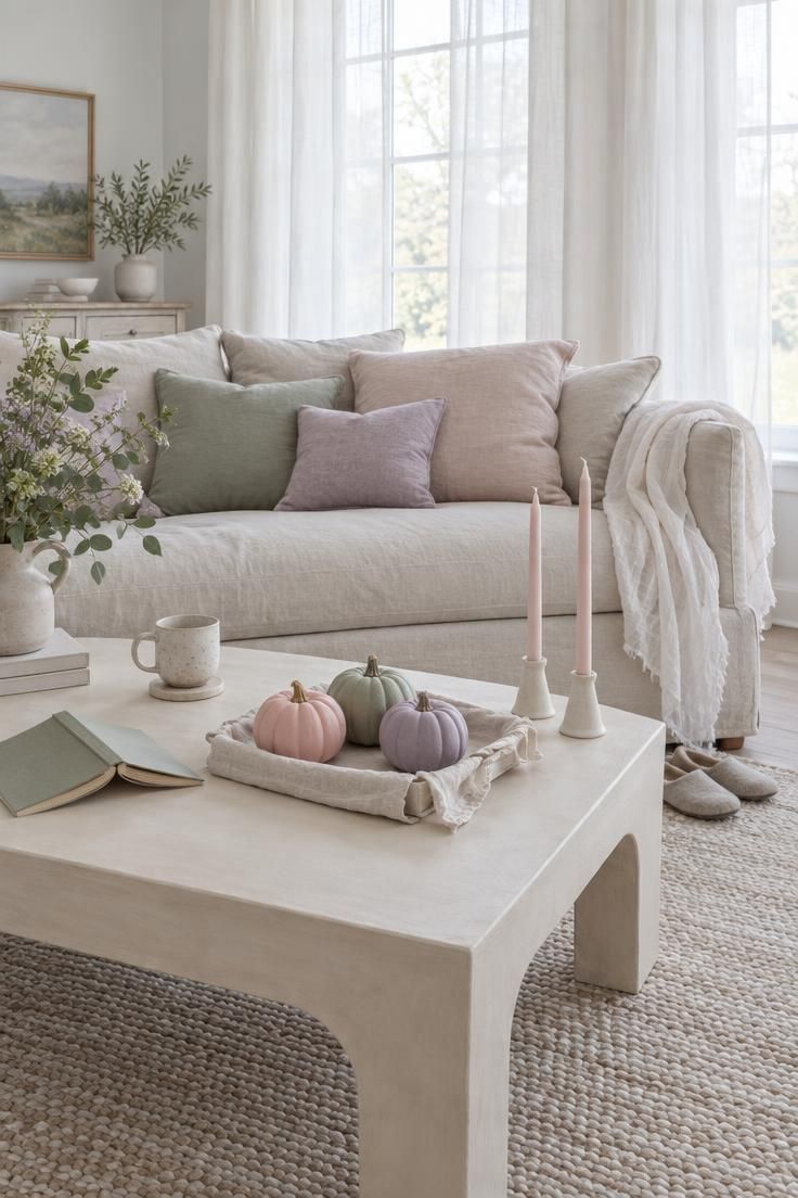 13 Cozy Halloween Aesthetic Ideas for a Warm Autumn Home 7 Bright living room with pale painted pumpkins on a coffee table and gauzy fabric.