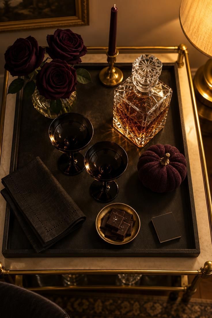 13 Cozy Halloween Aesthetic Ideas for a Warm Autumn Home 8 Bar cart with crystal decanter, black-stemmed glasses, dark roses, and a plum pumpkin.