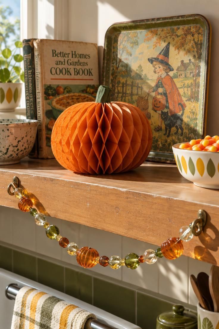 13 Cozy Halloween Aesthetic Ideas for a Warm Autumn Home 9 Kitchen shelf with honeycomb paper pumpkin, tin tray, glass garland, and candy corn.