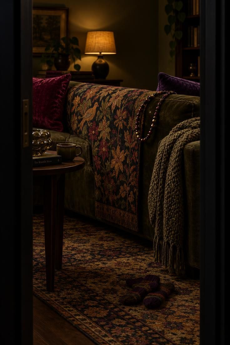13 Cozy Halloween Aesthetic Ideas for a Warm Autumn Home 10 Sofa draped in tapestry with velvet cushions, knit throw, and beaded garland.