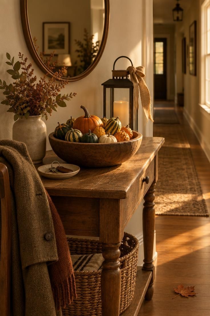 13 Cozy Halloween Aesthetic Ideas for a Warm Autumn Home 11 Entry table with a wooden bowl of gourds, lantern, and round mirror above.