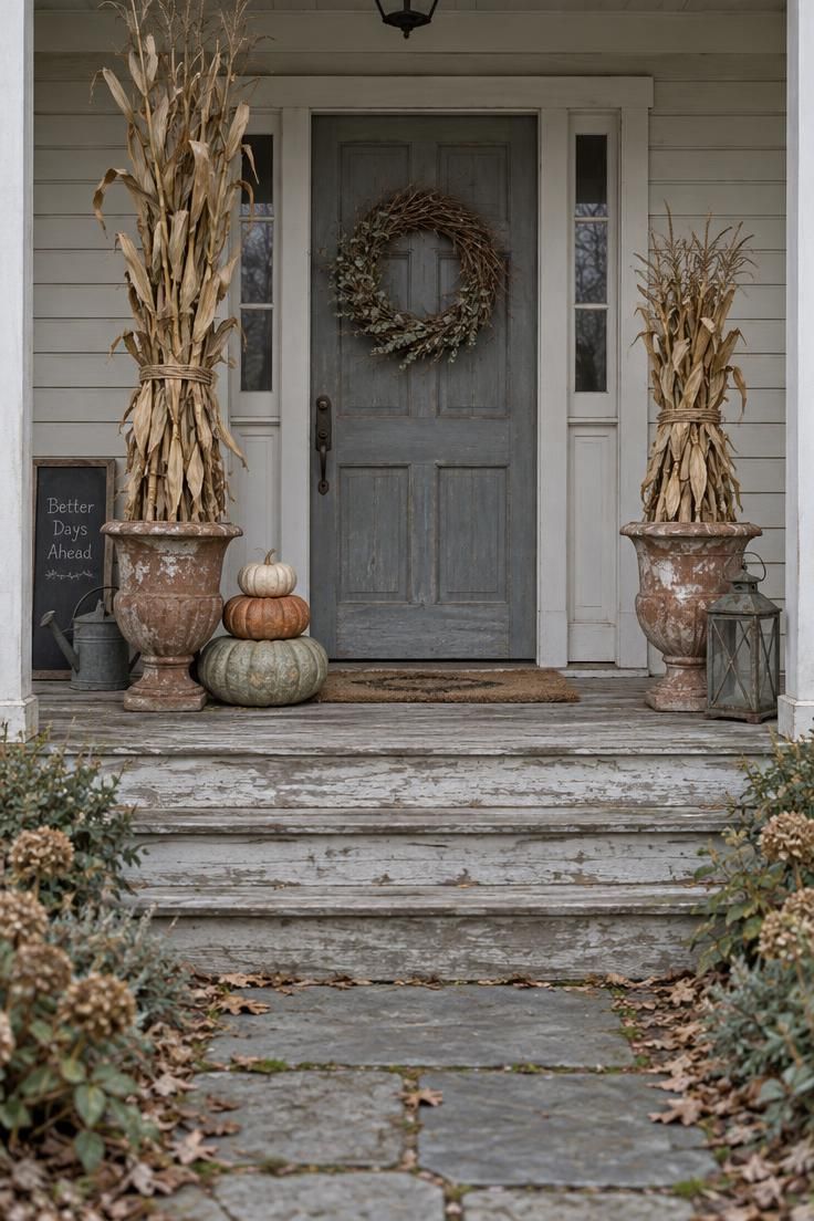 13 Cozy Halloween Aesthetic Ideas for a Warm Autumn Home 13 Porch with two urns of cornstalks, stacked pumpkins, and a weathered lantern.