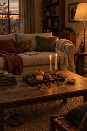 Warm autumn living room with linen sofa, pumpkin tray, tapers, and dried eucalyptus.