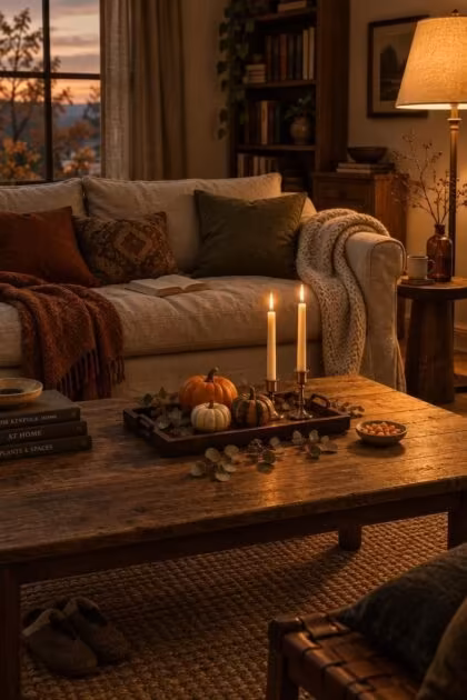 13 Cozy Halloween Aesthetic Ideas for a Warm Autumn Home Warm autumn living room with linen sofa, pumpkin tray, tapers, and dried eucalyptus.